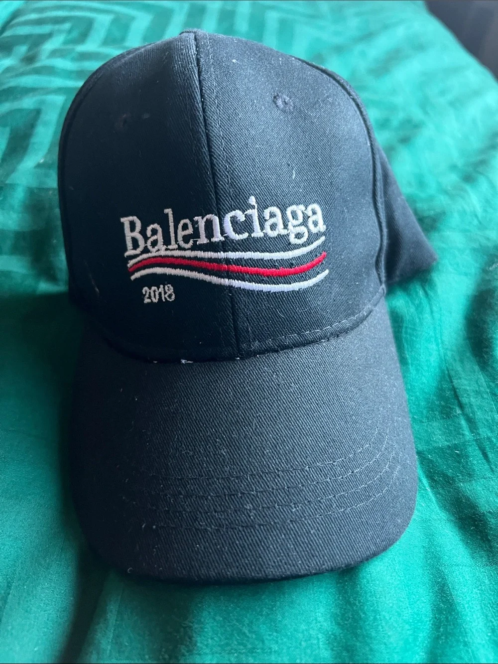 Kids Balenciaga Black Cap with White and Red Wave Embroidery